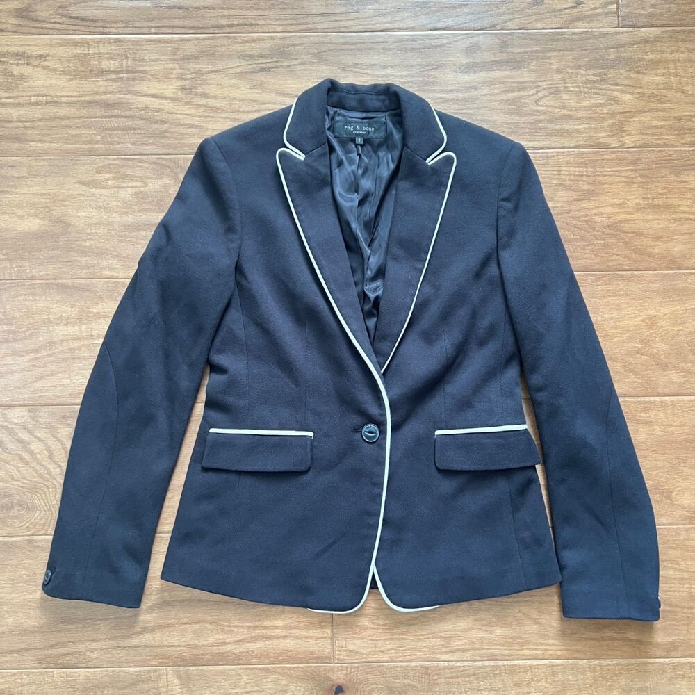 Rag & Bone Lexington Contrast Piping Blazer Size 2 Black/White Canvas 1 Button